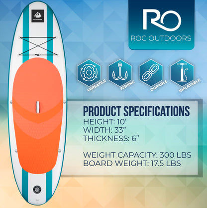 Roc Inflatable Stand Up Paddle Board with Premium SUP Paddle Board Accessories, Wide Stable Design, Non-Slip Comfort Deck for Youth & Adults (Aquas)