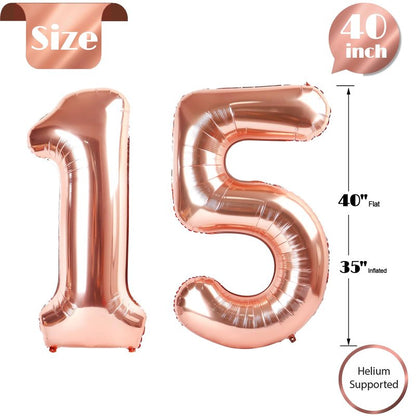 Rose Gold Number 15 Balloon 40 inch, 15 Number Balloons, 15th Birthday Decorations for Girls Boys, 15 Year Old Rose Gold Party Supplies