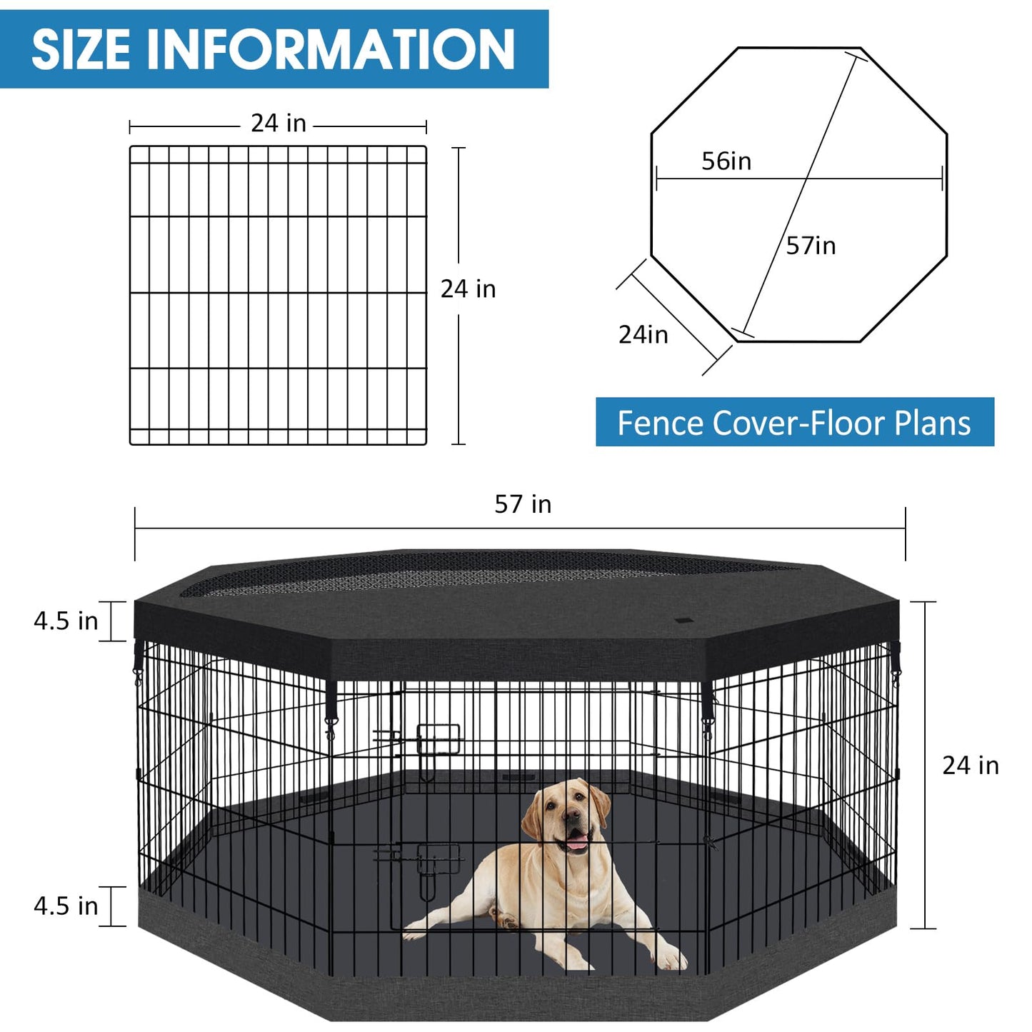 Foldable Metal Wire Dog Pen Pet Playpen Dog Fence Indoor Exercise Pen Enclosure Indoor Outdoor with Bottom Pad and Top Cover (Black 24 top Bottom Cover)