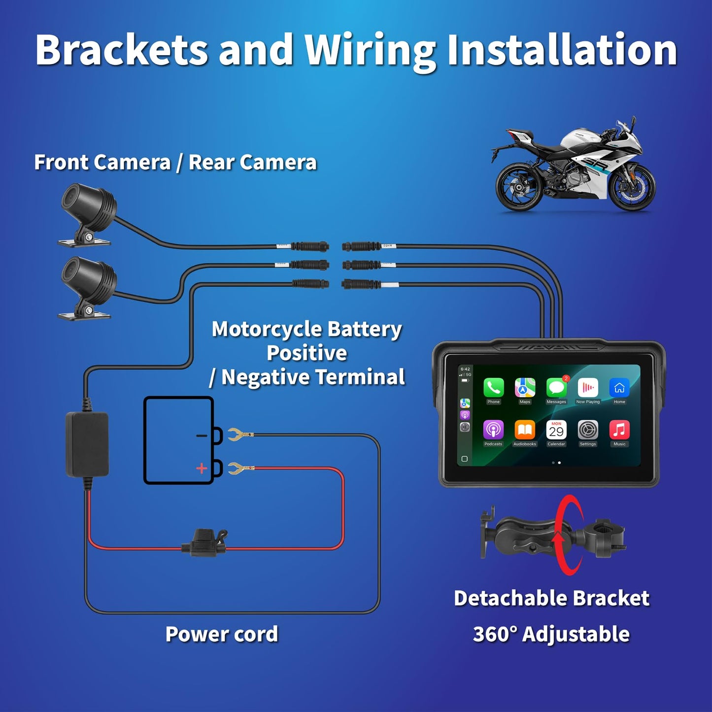 Motorcycle CarPlay Screen 7", Waterproof GPS Display for Motorbike, Wireless CarPlay & Android Auto para Moto, Dual Bluetooth, Touchscreen, Music Sharing Siri (7" Wireless CarPlay) (Dual Camera)