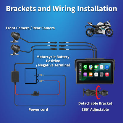 Motorcycle CarPlay Screen 7", Waterproof GPS Display for Motorbike, Wireless CarPlay & Android Auto para Moto, Dual Bluetooth, Touchscreen, Music Sharing Siri (7" Wireless CarPlay) (Dual Camera)