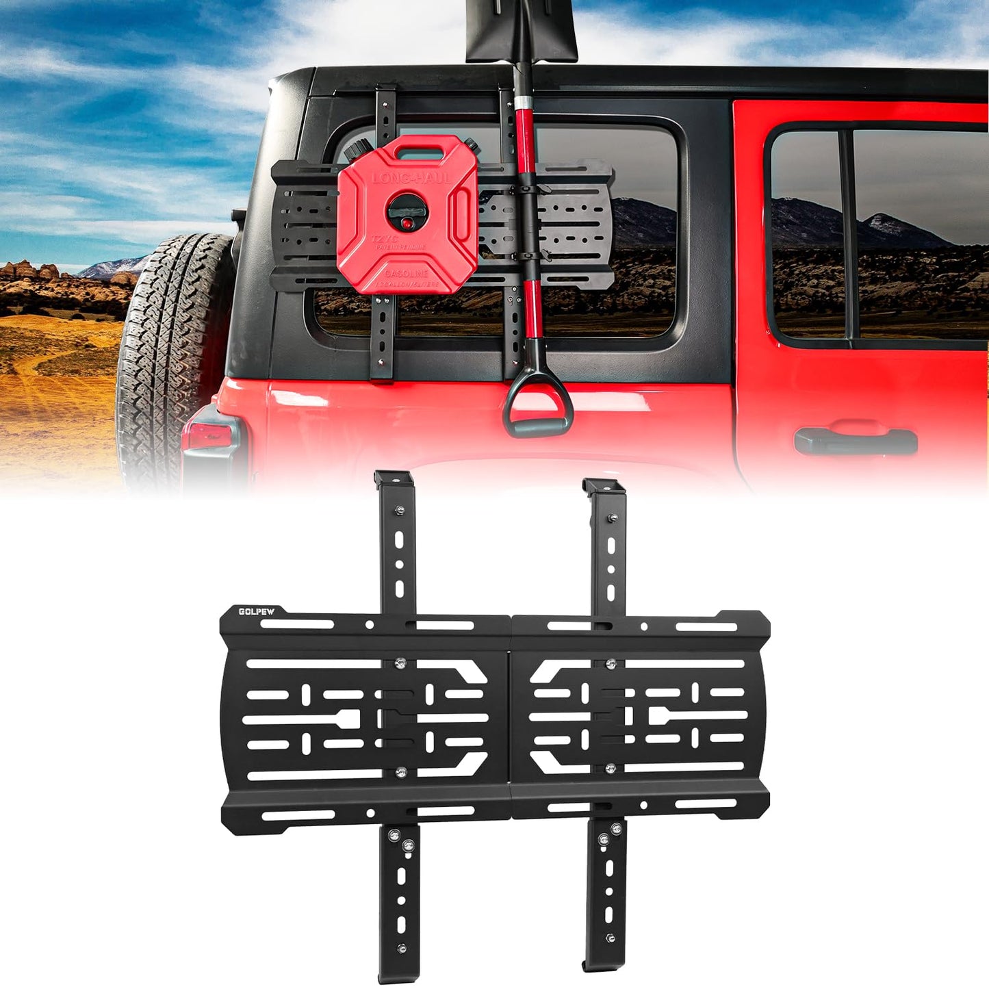Rear Window Storage Molle Panel Kit for Jeep Wrangler JL 2018-2024 - Cargo Bracket Mounting Plate Kit with Recovery Traction Boards and Shovel Mount