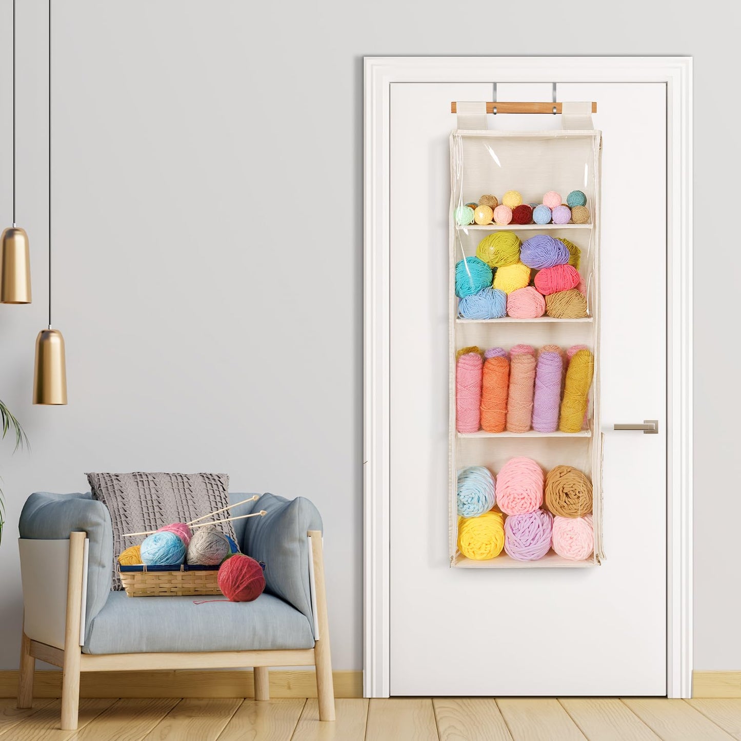 Univivi Hanging Yarn Storage Organizer with 4 Clear Compartments & Side Knitting Needles Pocket, Hanging Yarn Holder for Crochet Lovers (Beige)