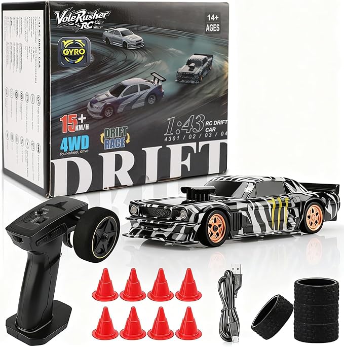 [2026 New Upgrade 1/43 Scale Mini RC Drift Car with Gyroscope Toys for Age 8-14 Old Birthday Gifts Micro Small with Full Proportional RTR 2.4GHz Remote 2 Tire Sets 8 Cones - Camouflage