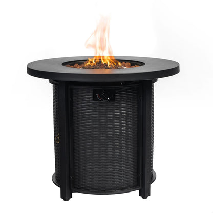 GDFStudio 30" Round Propane Fire Pit Table, 50000 BTU Outdoor Gas Heater with Steel Top & Wicker Base, for Patio, Deck, Garden, Black