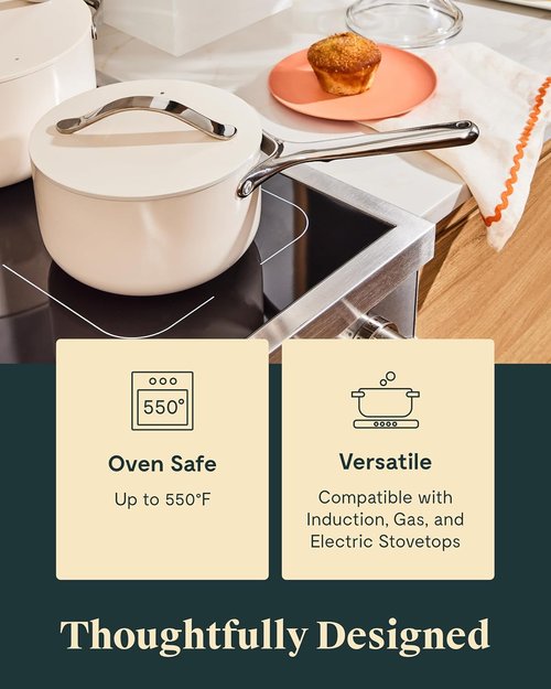 Caraway Nonstick Ceramic Sauce Pan - 1.75 Qt, Non-Toxic & Oven Safe | Compatible with All Stovetops - Cream