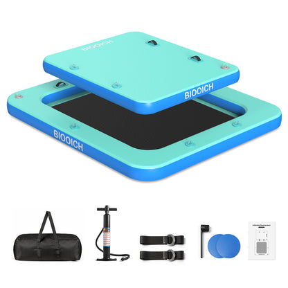 BIOOICH 2 in 1 Inflatable Floating Dock, 8.2FTx7.2FT Floating Mat with Mesh Swim Area & Portable Pool Island Platform with Air Pump, Repair Kit, Storage Bag & Linking Ropes for Swimming, Lake, Beach