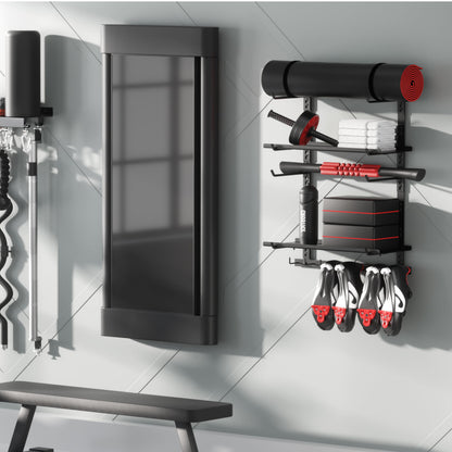 Home Gym Storage Shelf Only, Adjustable Gym Equipment Organizer Wall Mounted with 2 Boards, Yoga Mat Holder, Storage Rack Compatible with Peloton Shoes & Mat, Shelf for Home Training Accessories