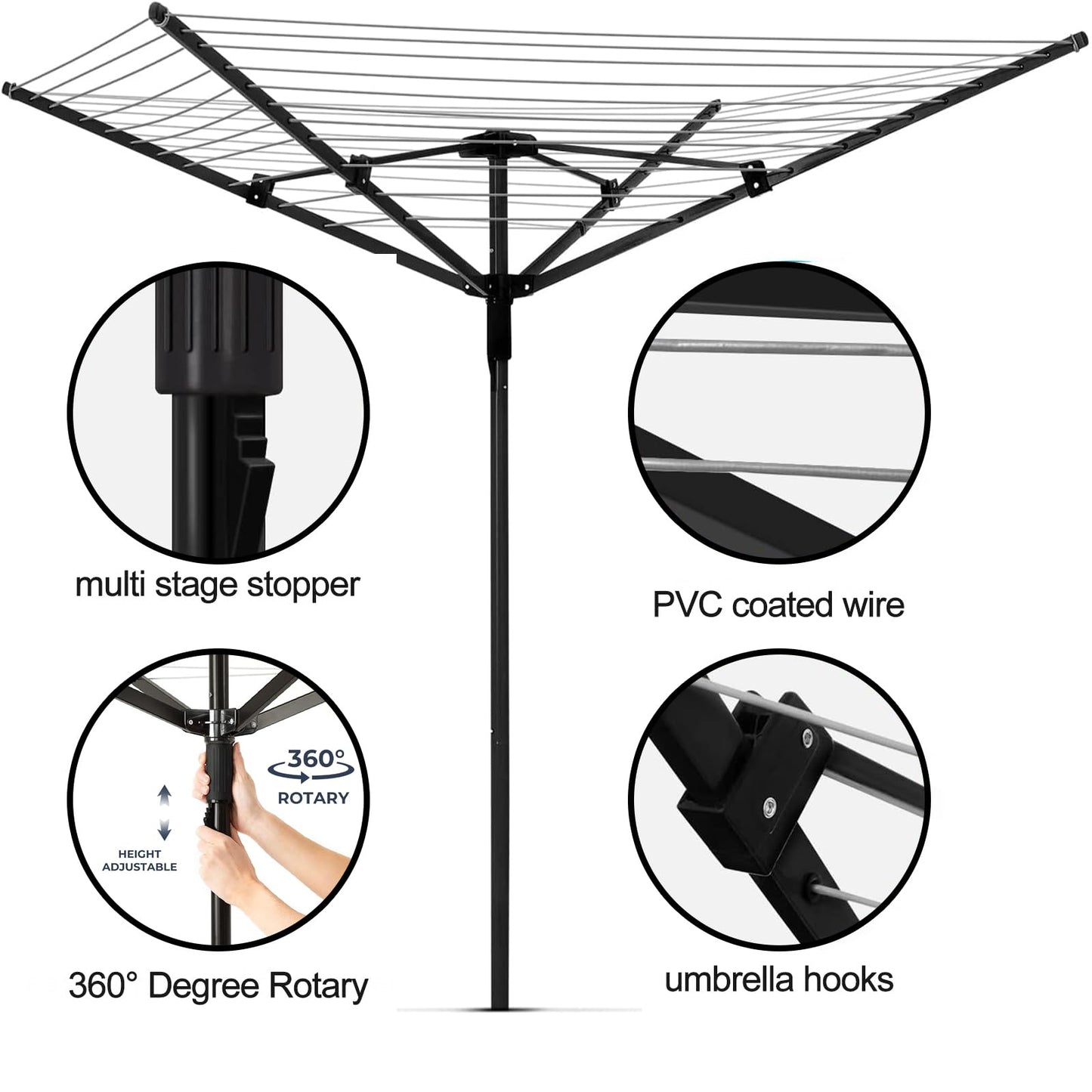 MEILANHUI Umbrella Clothesline Outdoor Rotary Drying Rack (165ft) + 49ft Heavy Duty Retractable Clothes Line Bundle – Adjustable Height, Compact, Weatherproof for Backyard, Balcony, Camping