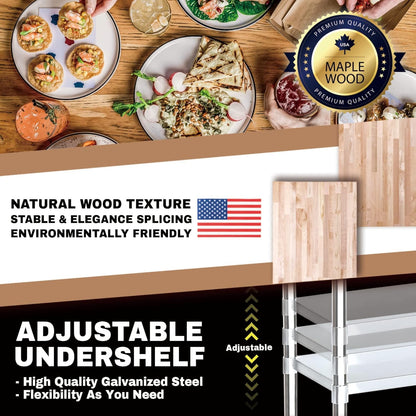 DuraSteel Butcher Block Counter Top - 24 x 60 x 34" Height with 4 Caster Wheels (2 Adjustable) - Kitchen, Side, Coffee, or Dining Table - Optional Base Leg Units, Natural Maple Slab Work Bench Top