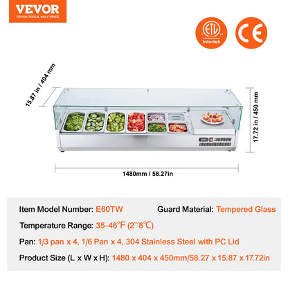 VEVOR Condiment Prep Rail Station, 150 W Countertop Refrigerated Condiment Station, with 4 1/3 4 1/6 Pans, 304 Stainless Body and PC Lid, Sandwich Prep Table with Glass Guard, ETL, Silver