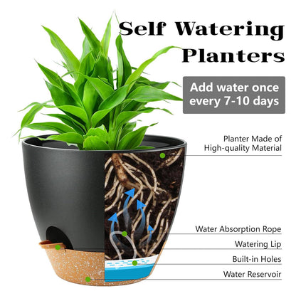 Carsapro 5-Pack Plant Pots with Drainage 7/6.5/6/5.5/5 Inch, Self Watering Pots for Indoor Plants, Planters for Indoor Outdoor Plants, Plastic Flower Pot, Planter for Indoor Outdoor (Black)