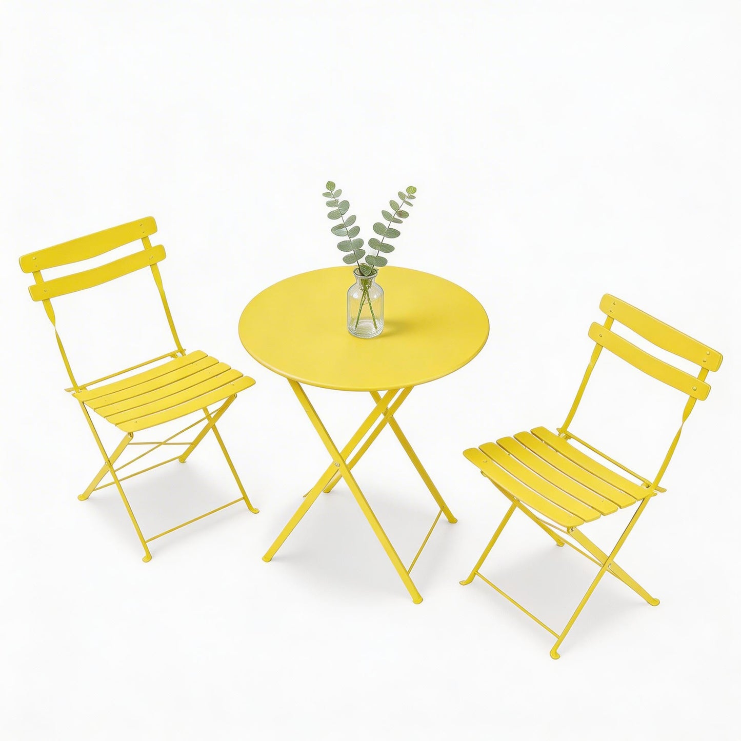 GarveeHome 3 Piece Foldable Patio Bistro Set, Outdoor/Indoor Metal Table and Chairs Furniture, Compact Round Table with 2 Folding Chairs for Balcony, Porch, Garden, Apartment, Small Space, Yellow