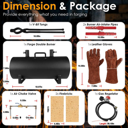 Propane Gas Forge, Double Burner Blacksmithing Forge Large Capacity Forge, Oval Propane Burner Forge with 16.85 Inch V-Bit Tongs & Leather Welding Gloves for Farrier, Knife and Tool Making