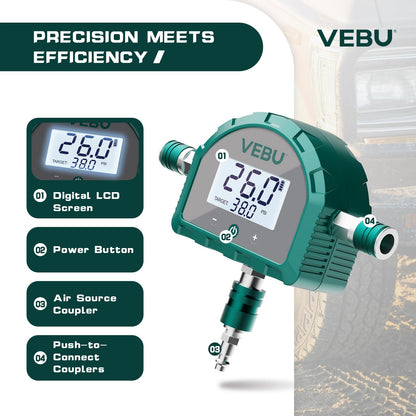 VEBU 4 Tire Inflation System, Auto Shut Off 4 Way Tire Inflation & Deflation Hose Kit with Preset Memory & Digital Display，Works with Your Air Compressor for Trucks, SUVs, RVs