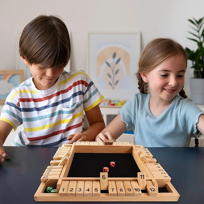 GSE Games &amp Sports Expert 1-4 Player Wooden Shut The Box Board Game with 8 Dice. 4-Way 12 Numbers Shut The Box Dice Set of Popular English Pub Board Game - Natural Wood
