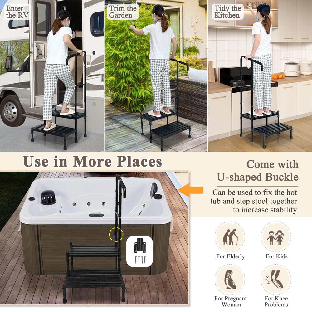 Bed Steps for High Beds for Adults Medical Step Stool with Handle Elderly Handicap Bedside Step Safety Car Step Stool with Handrail 2 Step Platforms Heavy Duty Foot Stool for RV, Kitchen, Bathtub