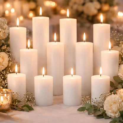 Lounsweer 12 Pcs Pillar Candles Bulk for Wedding Unscented Pillar Candles 3 Set 2 x 3/6/8 Inch Multi Size for Weddings Engagement Spa Home Party Events Ceremony(White)