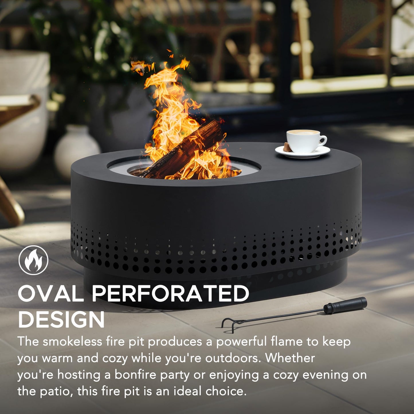 SUNJOY Smokeless Fire Pit with Table Top, 38-Inch Oval Firepit for Outdoor, Stainless Steel Wood Burning Fireplace w/Removable Ash Pan, PVC Cover and Fire Poker, Ideal for Camping, Backyard, Black