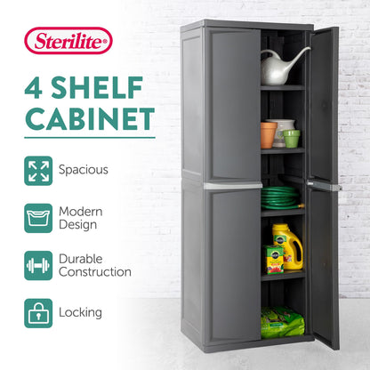 Sterilite 4 Shelf Cabinet, Lockable Utility Storage w/ Adjustable Shelves, Gray - Plastic Shelving Unit for Organizing Garage, Pantry, Basement, Laundry Room or Mudroom