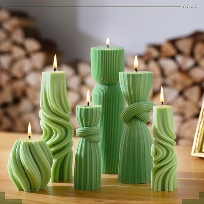 Threlaco 6 Pcs Ribbed Pillar Candles Modern Aesthetic Ribbed Decorative Candle Set Cute Soy Wax Scented Decor for Home(Green)