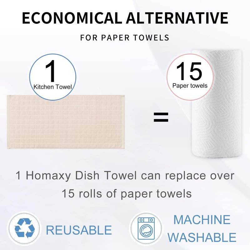 Homaxy 100% Cotton Terry Kitchen Towels(Beige, 13 x 28 inches), Checkered Designed, Soft and Super Absorbent Dish Towels, 6 Pack