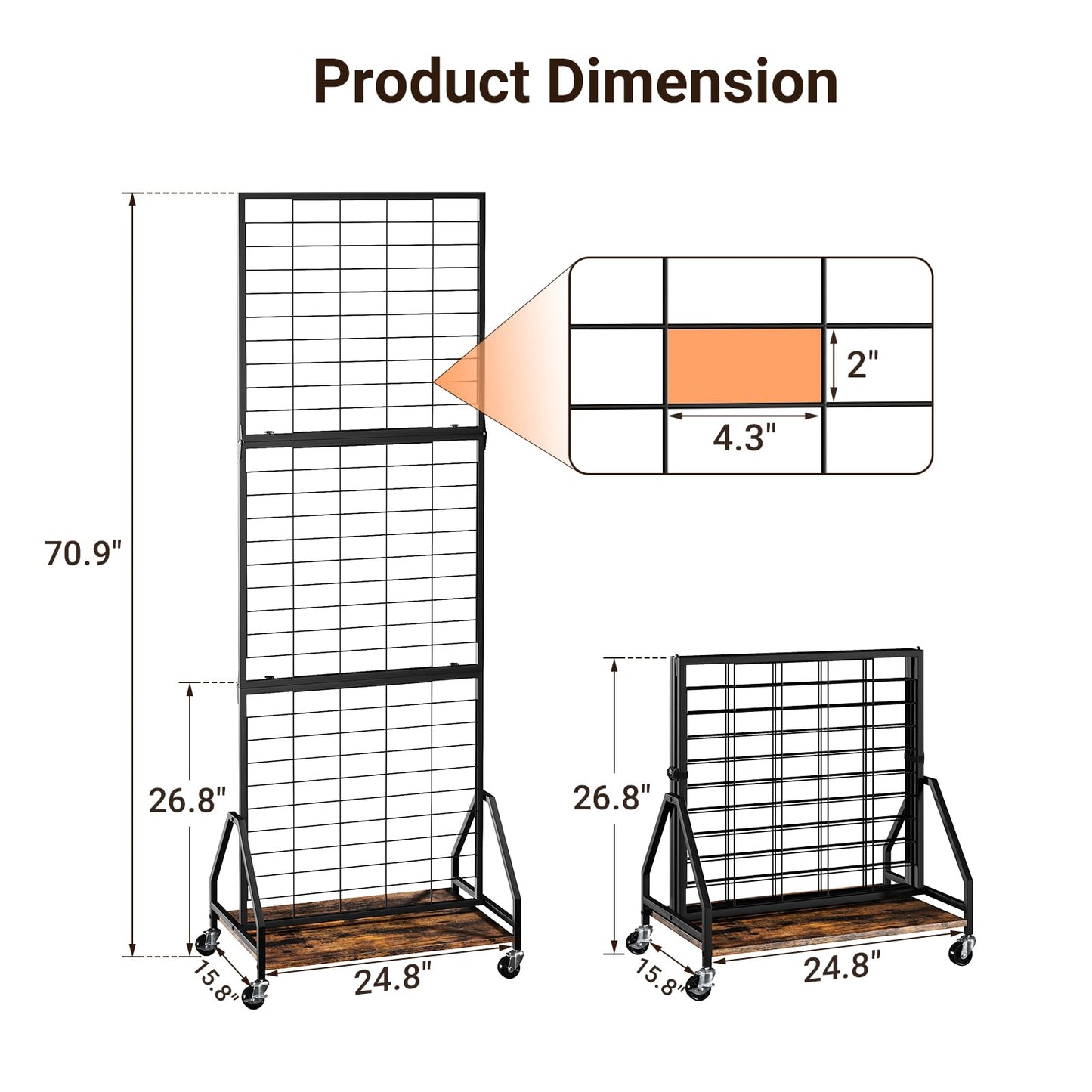 ELYKEN 2 Pack Foldable Grid Wall Panels 5.7' x 2' FT, Movable Wire Gridwall Display Rack with Wheels and Adjustable Foots, Retail Display Stand for Vendor with Storage (Rustic Brown)