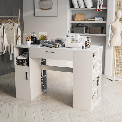 COSTWAY 36” Counter Height Sewing Table, 53 Inch Artwork Craft Table with 14 Open Compartments, 3-Position Adjustable Shelf, 1 Drawer & Cabinet, Project Center Desk Drafting Sewing Workstation, White