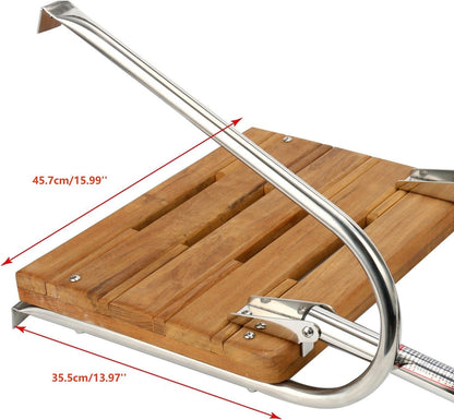 Amarine Made Boat Outboard Universal Teak Wooden Swim Platform Under Mount Fold Down 3 Step Stainless Steel Ladder with Single Handrail 250 lbs Capacity-with Screws