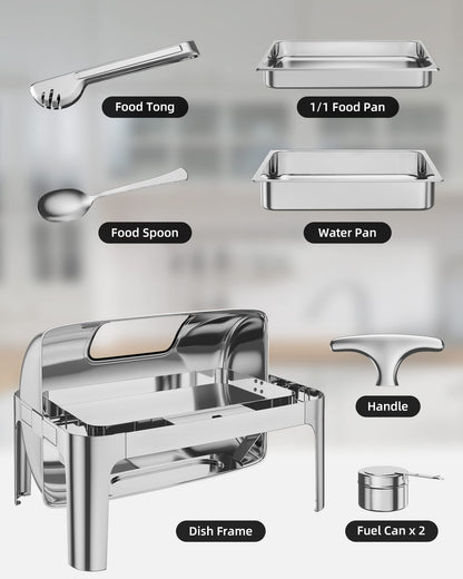 Garvee Rectangular Roll Top Chafing Dish Buffet Set, 9QT Stainless Steel Chafing Dish Set Equipped with 1 Full Size Pan, Catering Warmer Server with Visible Lid Water Pan Stand Fuel Holder Clip
