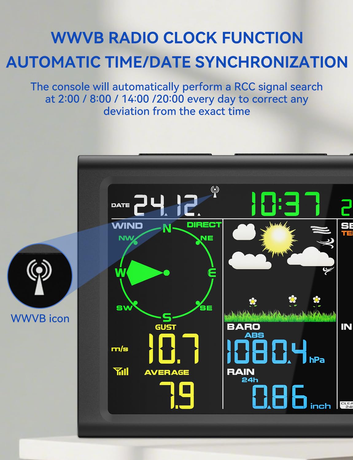 AIRAIN TECH 10-in-1 Wireless Weather Station with Dual Display, Outdoor Sensor, Rain Gauge, Atomic Clock, Wind Speed, Indoor Temp/Humidity, Barometric Pressure,etc (No WiFi)