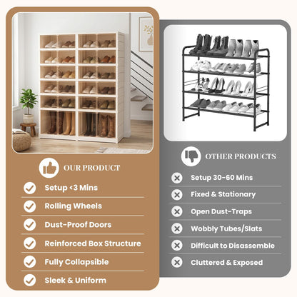 Tykacna Collapsible Shoe Rack Organizer, Extra Large Shoe Boxes with Doors, Stackable Plastic Storage Cases for Closet and Entryway, Clear Folding Shoe Cabinet with Wheels (6Tiers, 24Pairs)