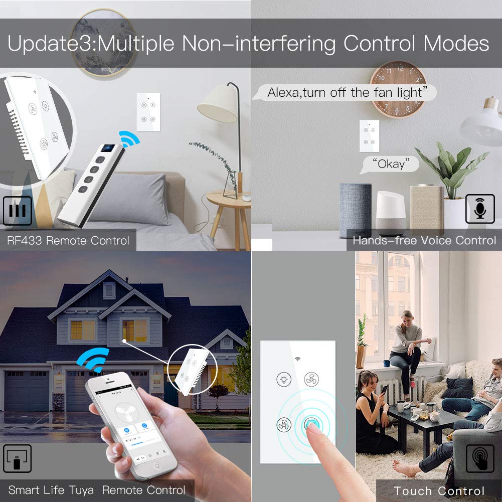 MoesGo WiFi RF Smart Light Dimmer Switch 2/3 Way Muilti-Control Association Smart Life/Tuya APP Relay Status Backlight Switch Off RF Remote Control,Compatible with Alexa Google Voice Assistants White