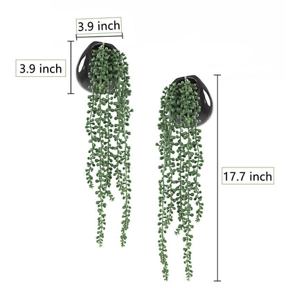 Tiita Artificial Hanging Plants, Faux Succulents in Pots, Realistic String of Pearls Plants for Home Office Accessories Window Sill Bathroom Bedroom Fake in Black Ceramic Pots, Set of 2
