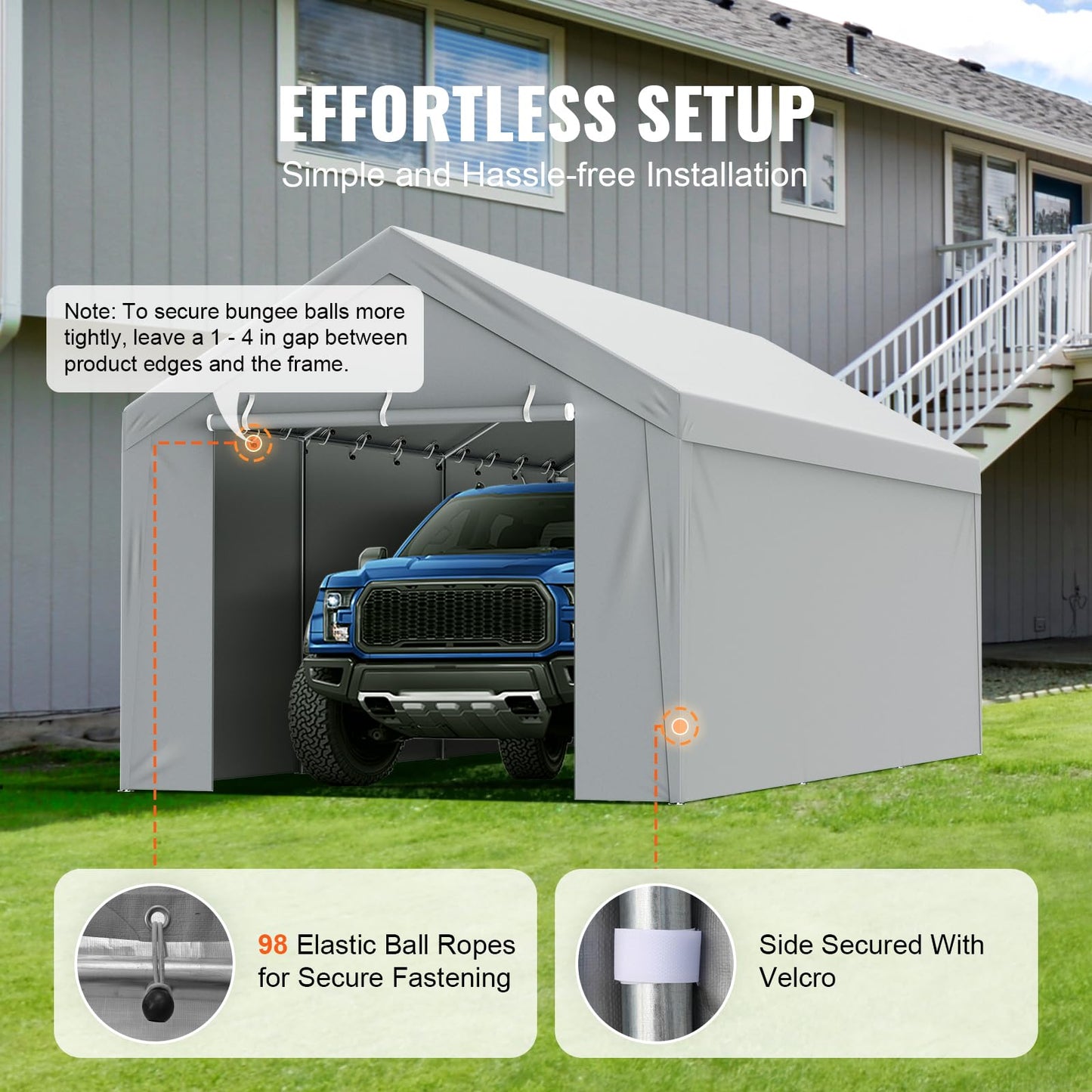 VEVOR Carport Replacement Canopy Cover Top + Side Wall 12 x 20 ft, Garage Tent Shelter Tarp Heavy-Duty Waterproof & UV Protected, Easy Installation with Ball Bungees,Grey (Frame Not Included)