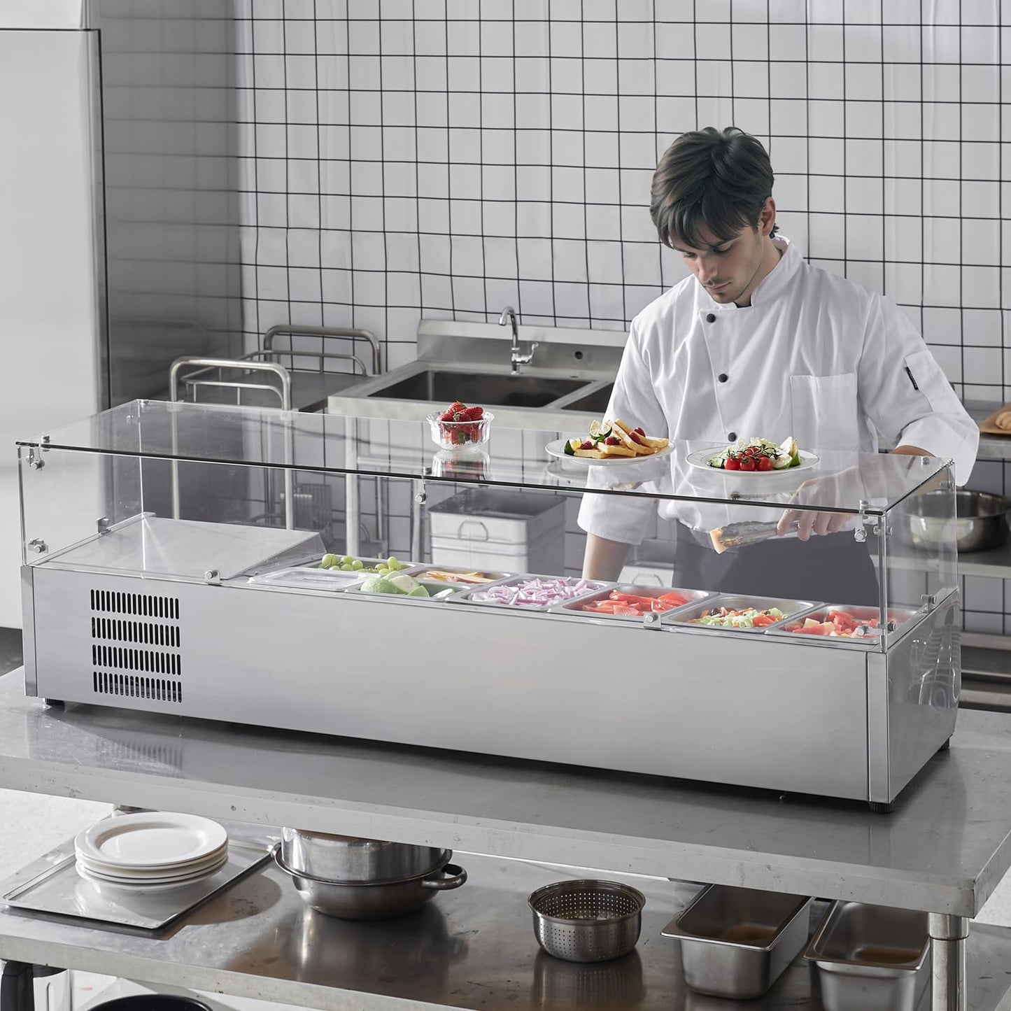 VEVOR Condiment Prep Rail Station, 150 W Countertop Refrigerated Condiment Station, with 4 1/3 4 1/6 Pans, 304 Stainless Body and PC Lid, Sandwich Prep Table with Glass Guard, ETL, Silver