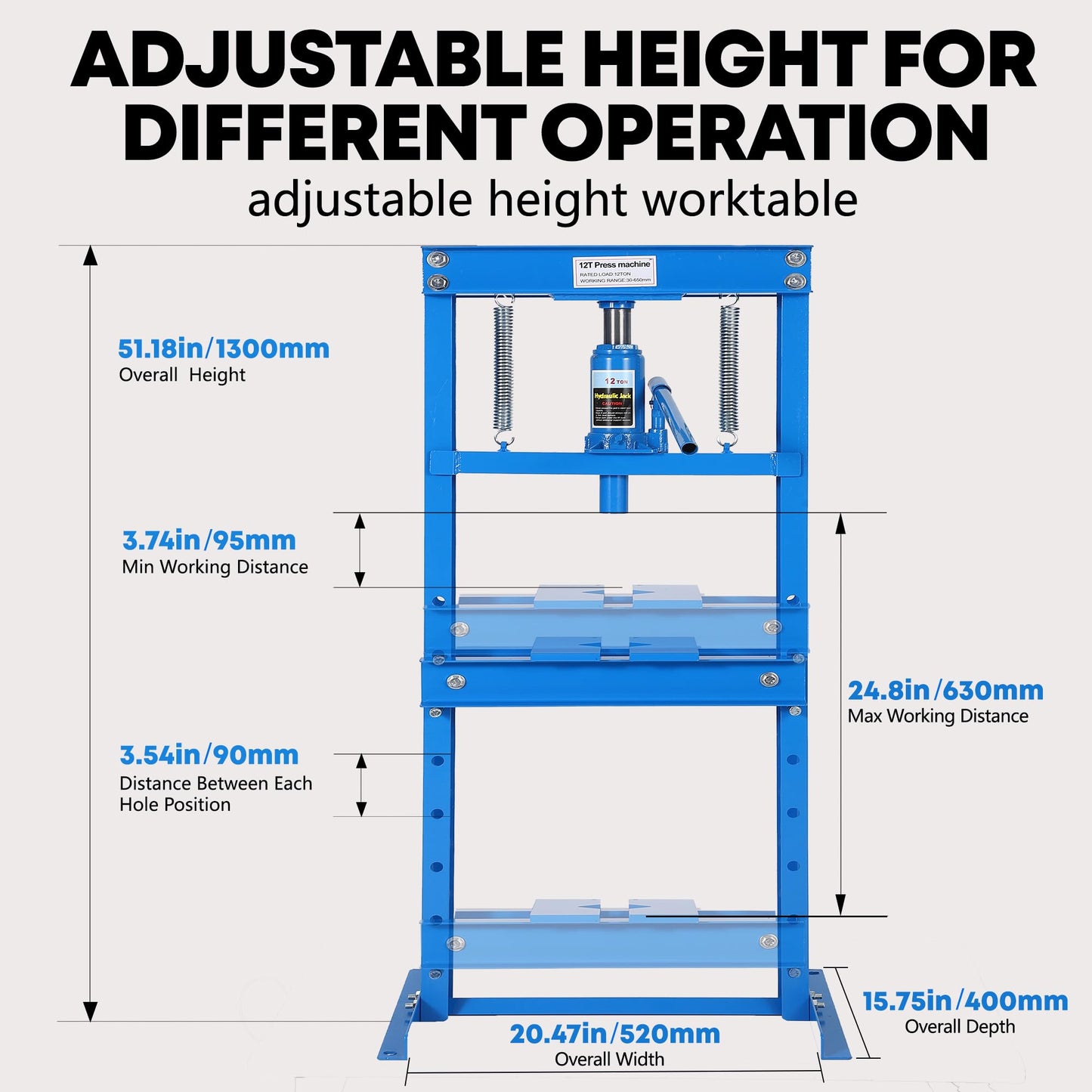 Garvee 12 Ton Hydraulic H-Frame Shop Press with Adjustable Table and Stamping Plates for Auto Repair Garage, Blue