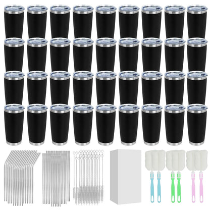 PEDOBALI 36 Pack 20 Oz Stainless Steel Bulk Tumblers with Lids Black Outdoor Travel Mug Powder Coated Double Wall Leakproof Insulated Cup, for Home Hot Office Party Cold Drinks