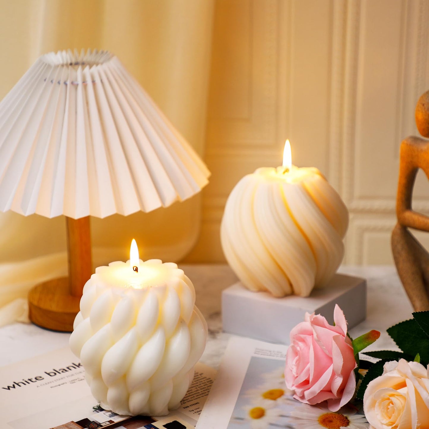 Threlaco 2 Pcs Decorative Pillar Candles Modern Aesthetic Knot Ball Swirl Candles Scented Soy Wax Ribbed Decor for Home Shelf Table Room Decor Christmas Holiday Housewarming Gift