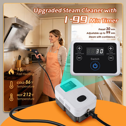 Hapyvergo Timing Steam Cleaner Handheld Steamer for Cleaning Grout Tile Car Detailing Pressurized Steam Cleaner with Brush Heads for Home Kitchen Bathroom (White)
