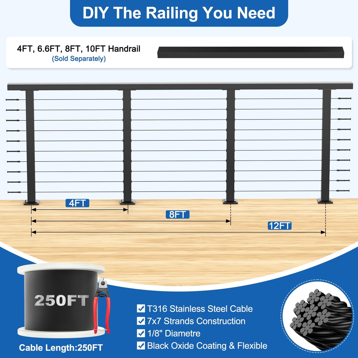 PLANTOP 12-20FT Complete Set 36" Cable Railing Post Kit(35"x2"x2"), 4pcs Stainless Steel Black Flat Top Surface Mount Level Posts,1/8" Wire Rope(No Handrail),Swageless Cable Railing System Kit,MY07-LP