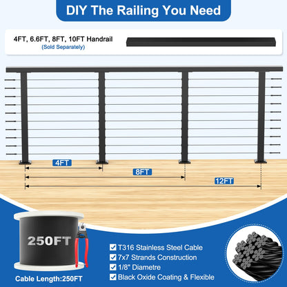 PLANTOP 12-20FT Complete Set 36" Cable Railing Post Kit(35"x2"x2"), 4pcs Stainless Steel Black Flat Top Surface Mount Level Posts,1/8" Wire Rope(No Handrail),Swageless Cable Railing System Kit,MY07-LP