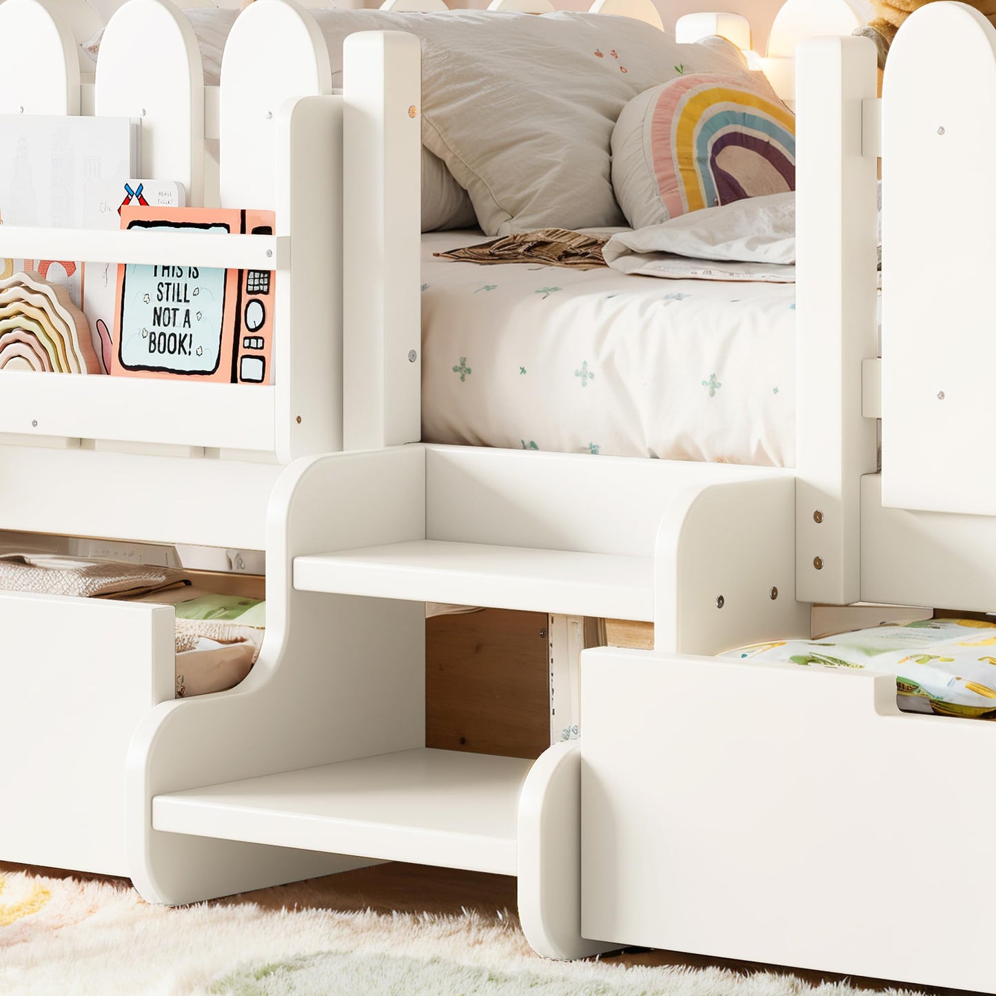 Bellemave Full Kids Montessori Bed with Stairs, Bookshelf and LED Lights, Solid Wood Kids Bed Frame with Storage Drawers for Boys Girls, Low Profile,Beige