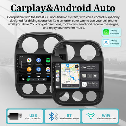 2+64G Android Car Radio for Jeep Compass Patriot 2010-2016 with Wireless CarPlay & Android Auto, 10.1 Inch Patriot Car Stereo with WiFi / 1080P / SWC + AHD Backup Camera + MIC