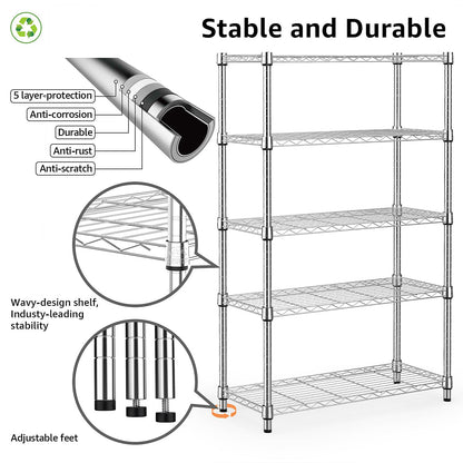 M MZG 2 PCS Storage Shelving Utility Shelving Unit 5-Tier Utility Shelving Unit Steel Organizer Wire Rack for Home,Kitchen,Office (13.7" D x 23.6" W x 62.4" H) (Black+Chrome)