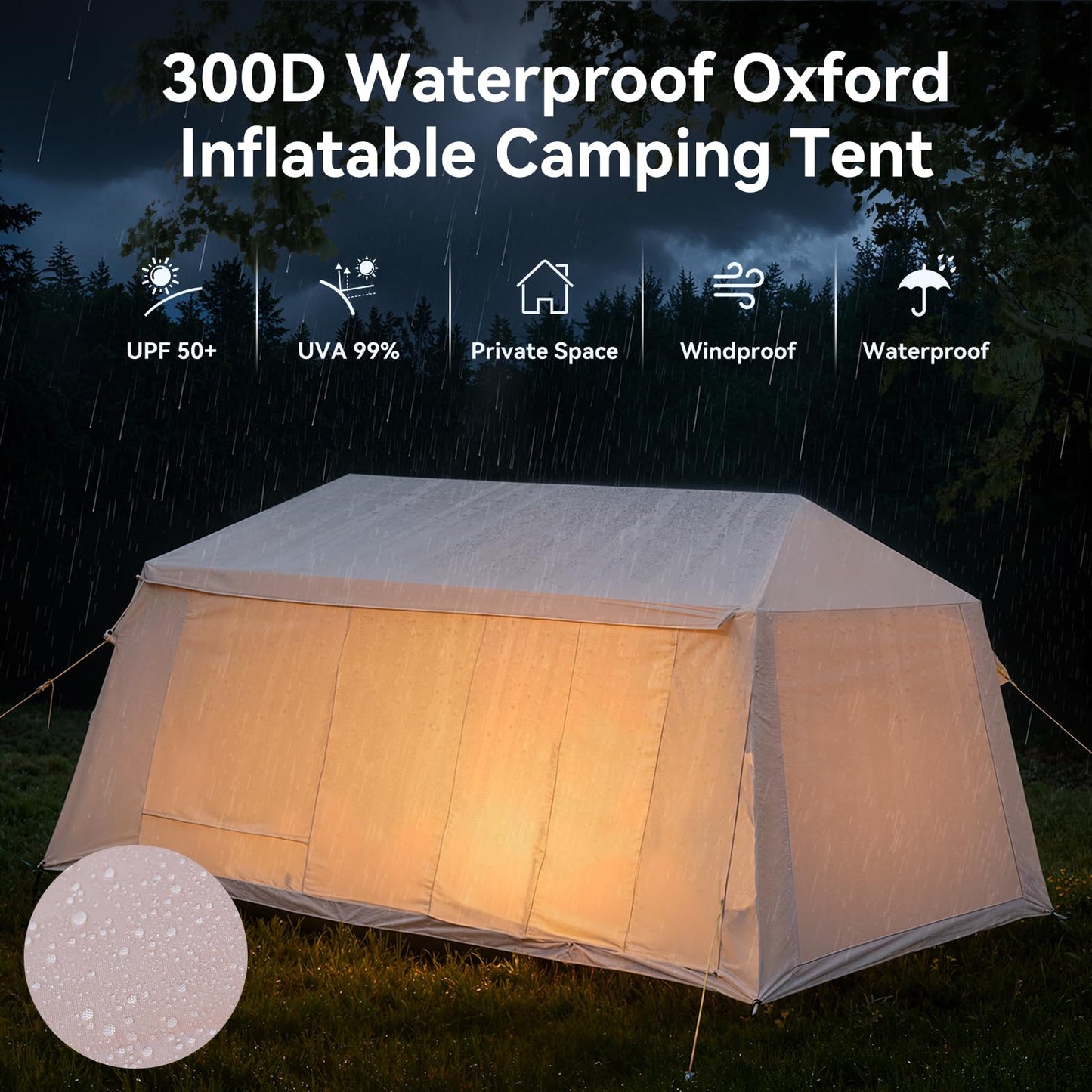8-10 Person Inflatable Camping Tent with 2 Divider Rooms, Waterproof 300D Oxford Blow Up Hot Tent with Stove Jack, Awning & Skylight, Easy Setup Air Tent with Pump for Family Glamping