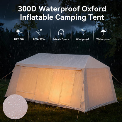8-10 Person Inflatable Camping Tent with 2 Divider Rooms, Waterproof 300D Oxford Blow Up Hot Tent with Stove Jack, Awning & Skylight, Easy Setup Air Tent with Pump for Family Glamping