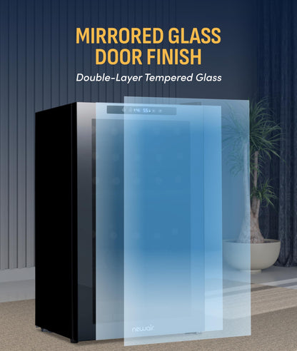 NewAir 20" Dual Zone Wine Fridge for 33 Bottles | Freestanding Wine Cooler Refrigerator with Glass Door | Mirrored Shadow™ Door & Quiet Compressor Cooling | Black