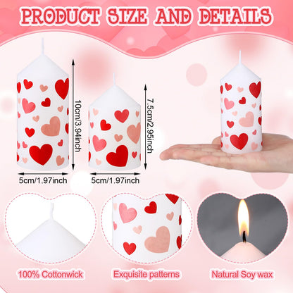 Lyrow 4 Pcs Pillar Candle 2 x 4‘', 2 x 3'' White Unscented Patterns Candlestick Smokeless Burning Candles for Valentine Wedding Anniversary Birthday Home Decor (Valentine's Day Heart)