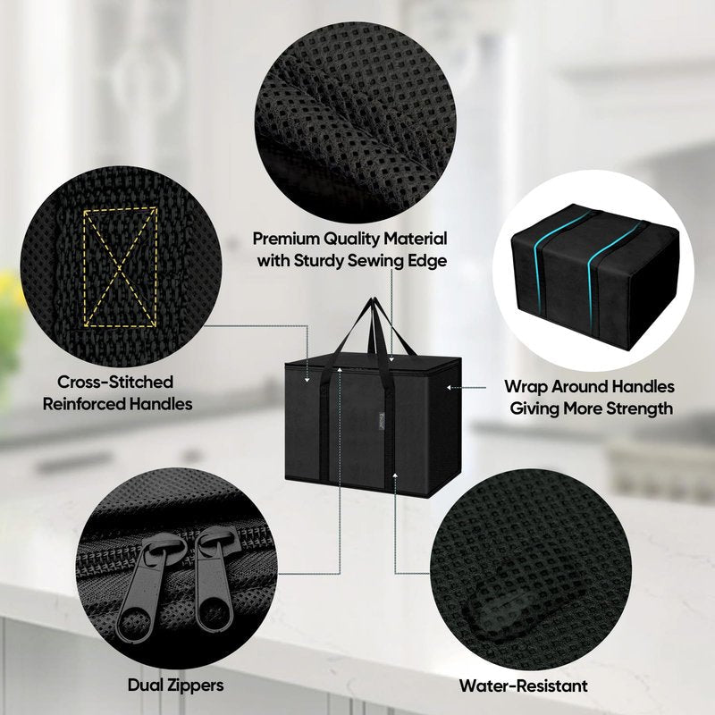 BALEINE 2Pk Insulated Reusable Grocery Bags, Collapsible Cooler Bag for Groceries, Heavy Duty Large Insulated Bag (16''x9''x13'', Charcoal Black)